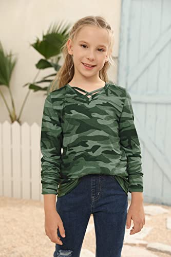 Image of Girls Camouflage Stripe Short Sleeve Shirts V Neck Criss Cross Tees Sweat Kids Casual Sport Tops Blouse(4-15T)