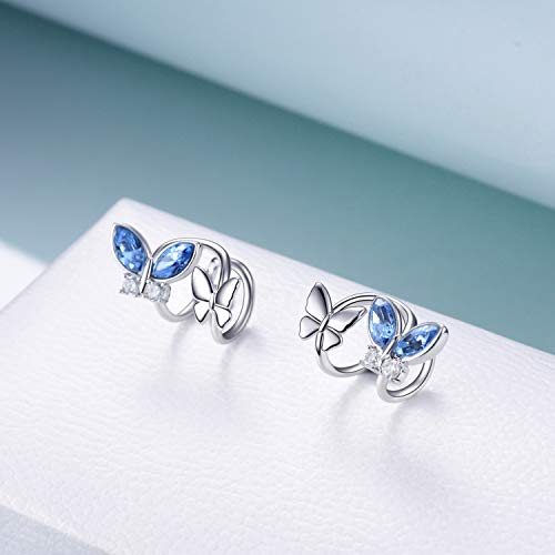 Aoboco Butterfly Cuff Earrings Sterling Silver Ear Cuffs For Non Pierced Ears With Blue Crystals, Hypoallergenic Butterfly Jewelry Gift For Women Girls #TOP4