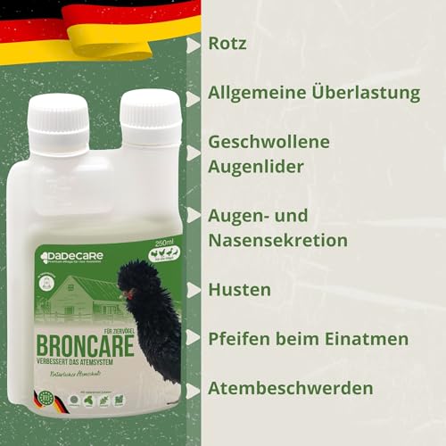 Broncare Respiratorischer Zusatz mit ADEC - 250 ml für Hühner, Geflügel und exotische Vögel - Mit ätherischen Ölen, Immunsystem- und Atemwegsstärkung - Enthält Echinacea, Minze und Rosmarin