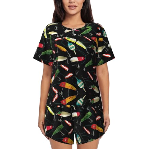 Pyjama pêche femme short poches : vêtement de nuit col rond doux