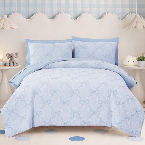 Image of BLOOMHAVEN Queen Comforter Set for Girls, 7 Pieces Blue Bow Bedding Set, All Seasons Bed in a Bag with Sheets, Pillowcases & Shams