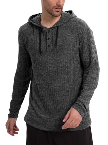 Mens Hoodies Pullover Waffle Knit Sweater Long Sleeve Lightweight Button Hooded Sweatshirt