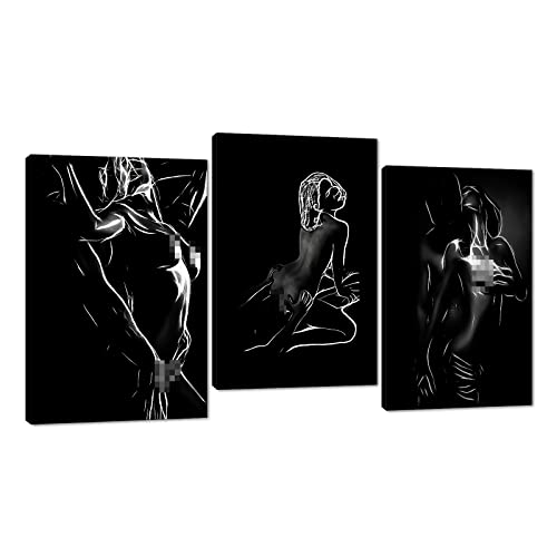 Black Abstract Woman Wall Art For Bedroom Minimalism Silhouette Poster 3 Pieces Black And White Sexy Canvas Art Paintings Black Woman Body Wall Art Ready To Hang-48"Wx24"H #TOP11