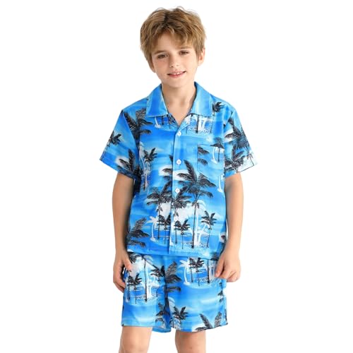 Image of Weixinbuy Boys Summer Outfits Short Sleeve Hawaiian Shirt and Shorts Vacation Set for Kids Summer Clothes Set