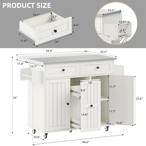 image for DWVO Kitchen Island on Wheels, Rolling Kitchen Island Cart with Drop L
