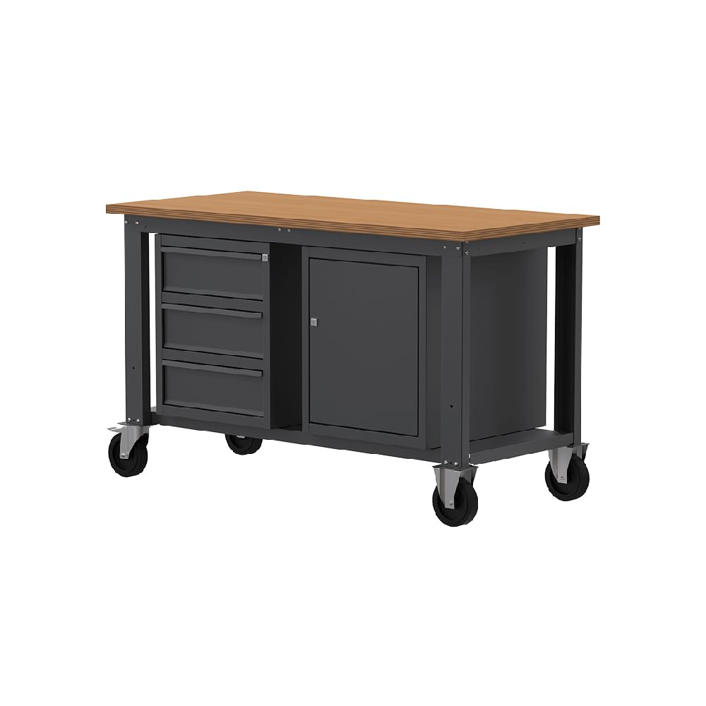 SOGI X3N_111LR Banco lavoro con ruote 1.5 m - piano in legno - 3 cassetti + armadio con anta