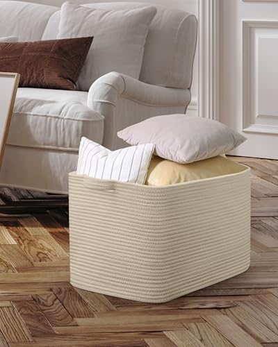 JOJOSEE Faltbarer Wäschekorb, 63L Große Wäschesammler, Laundry Baskets aus Baumwolle, Geflochten Aufbewahrungskorb mit Henkel für Decken, Kleidung, Kuscheltier, Spielzeug, Beige
