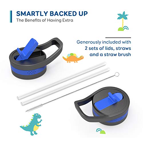 Buzio Insulated Water Bottle For Kids, Modern Vacuum Insulated Hydro Bottle With 2 Straw Lids, 14Oz Double Walled Wide Mouth Sports Drink Flask With Blue Dinosaur Park, Simple Thermo Canteen Mug Cup #TOP4