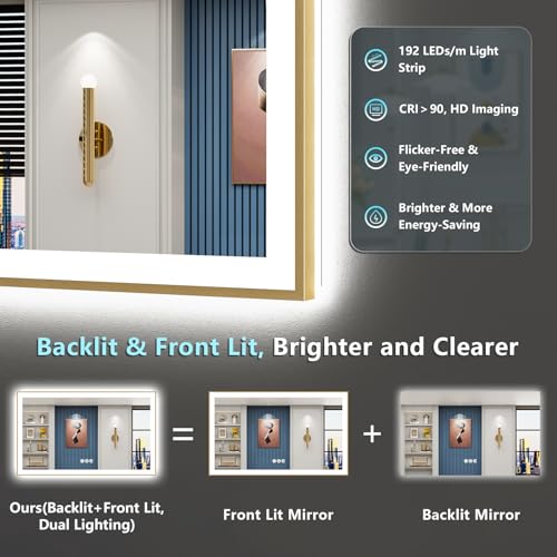 Image of 66x36 Gold LED Bathroom Mirror with Lights, Backlit & Front Lit | Brushed Gold Framed, Anti-Fog Lighted Vanity Mirror, Dimmable, 3-Color Temp, Memory, CRI95, HD Tempered Glass, UL Listed