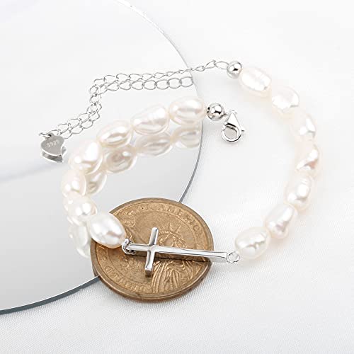 925 Sterling Silver Sideways Cross Charm Cultured Freshwater Baroque Pearl Bracelet #TOP2