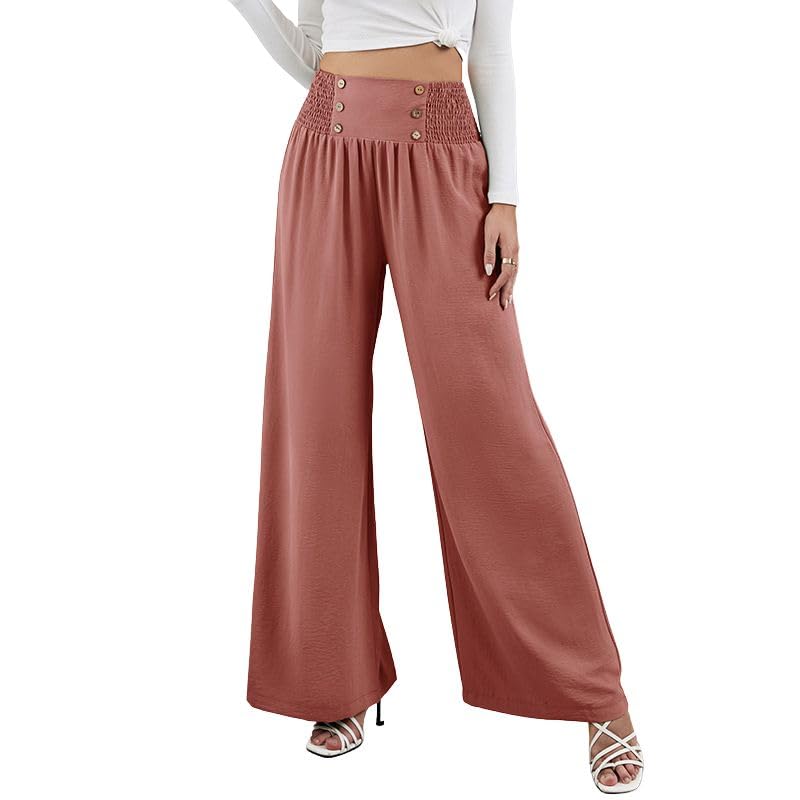 utcoco Womens Autumn Fashion Palazzo Pants Casual Button Pleated Elastic High Waisted Long Wide Leg Trousers