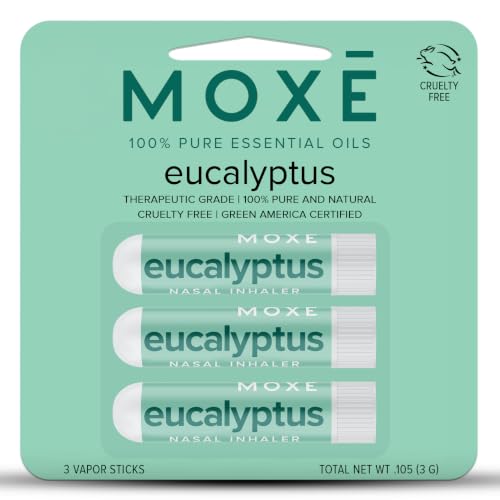 Image of MOXĒ Eucalyptus Essential Oil Nasal Inhaler, Sinus & Congestion Relief, Daily Relaxation, Stress Relief, Therapeutic No-Mess Aromatherapy, Pure and Natural, Made in USA (3 Pack) packaging may vary