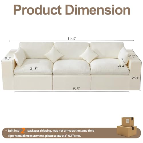 Image of 115''Cloud Boneless Sectional Couch, Modular Sectional Sofa Deep Seat, Oversized Upholstered Convertible Comfy 3 Seater Chenille Memory Foam Sofa Couches for Living Room, Beige