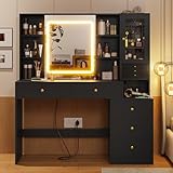 BTHFST Vanity Desk with Sliding Mirror & 3-Layer Jewelry Box, Makeup Vanity with Lights & Charging Station, Makeup Desk with 8 Necklace Hooks & 5 Drawers & Shelves, Black
