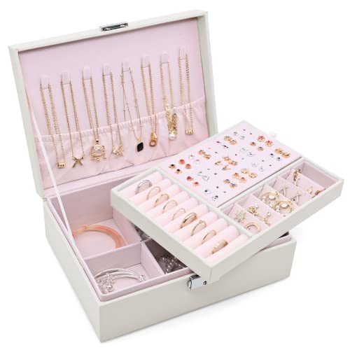Sciphylia Joyeros Mujer Organizador para Niñas y Mujeres 2 Capas Grande Organizador Joyas con Bandeja Extraíble Portátil Caja Joyero con Cerradura para Anillos, Pendientes, Collares, Pulseras, Blanco