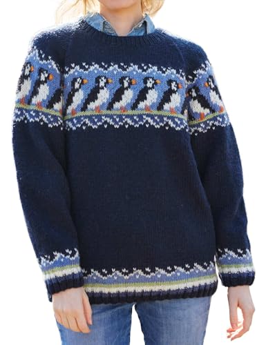 Pachamama Women Wool Jumper Handknitted Puffin Bird Design Blue Multicoloured Handmade Thick Warm Pullover Sweater Fair Trade (UK Alpha S Regular Regular Blue)