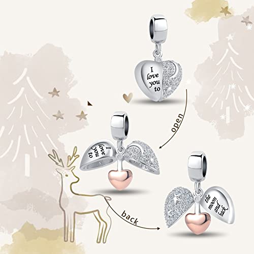 Qeensekc I Love You To Moon & Back Charm Rose Gold Heart Openable Pavé Crystal Dangle Beads For Snake Chain Bracelets #TOP1