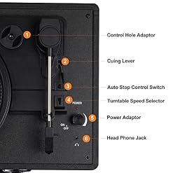 Vinyl Record Player, 3 Speeds Belt Driven Suitcase Portable Turntable for Vinyl Records with Built-in Speakers/RCA Output/Aux in/Headphone Jack/ 45 Adapter Black - Les Beatles, Paul McCartney, John Lennon, RIngo Starr, George Harrison Vinyl Record Player, 3 Speeds Belt Driven Suitcase Portable Turntable for Vinyl Records with Built-in Speakers/RCA Output/Aux in/Headphone Jack/ 45 Adapter Black – Image 4