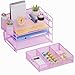 Marbrasse 4-Trays Desk File Organizer with 2 Pen Holder, Desktop Hanging File Holder with Drawer, Paper Letter Tray Organizer (Purple)