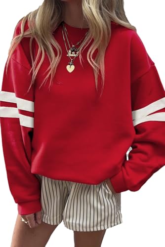 RUISHH Damen Casual Sweatshirt Rundausschnitt Sweater Ärmel Streifen Oversized Langarm Pulli Y2K Tops Rot L