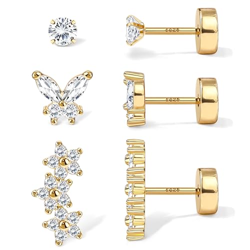 S925 Sterling Silver Flat Back Earrings for Women Hypoallergenic - 14K Gold Plated Post Flatback Stud Earrings Cartilage Helix Tragus Conch Piercing Jewelry 3 Pairs Dainty CZ Butterfly Studs