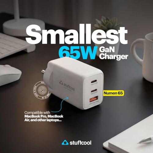 Image of Stuffcool Numen 65, Smallest 65W GaN Charger with Dual USB-C PD PPS Ports and USB-A Port, Laptop, MacBook, iPhone, Pixel & Samsung Fast Charging, SFC 2.0, Compact, BIS & Made in India