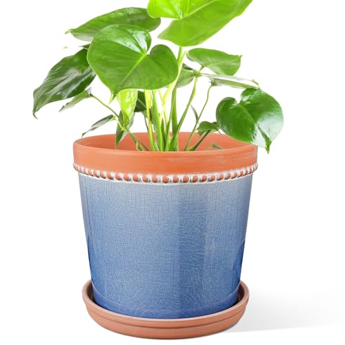 KERUITA 8 Inch Ceramic Plant Pot with Drainage and Saucer – Crack...
