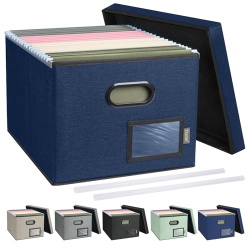 BALEINE File Organizer Box with Lid, Collapsible File Folder Organizer with Plastic Slide, Filing Box for Office Home Document Organizer Storage (Blue, 1PK)