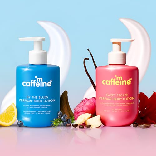 Image of mCaffeine By the Blues Brightening Perfume Body Lotion & Sweet Escape Perfume Body Lotion | Niacinamide, Cocoa & Shea Butter | Deeply Moisturizes, Evens Skin Tone | Long Lasting Fragrance - 300mlx2 |