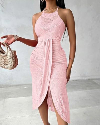 Image of CHICME Womens Summer Halter Dress Hollow Out A Line Vacation Dress