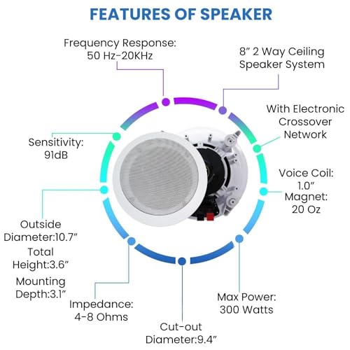 Image of Vaiyer Home Theater Sound System Kit - 2000 W Bluetooth Amplifier w / 4 Qty of 8 inch Framed Ceiling Speakers 300 W Each, Mic, 200 ft Speaker Wire & Remote for Living Room, Office, Commercial, Bars