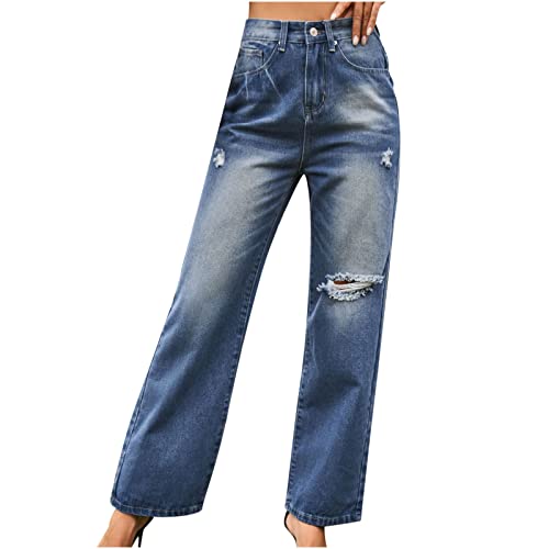 Jean femme taille haute micro-évasé déchiré conçu pour affiner la silhouette