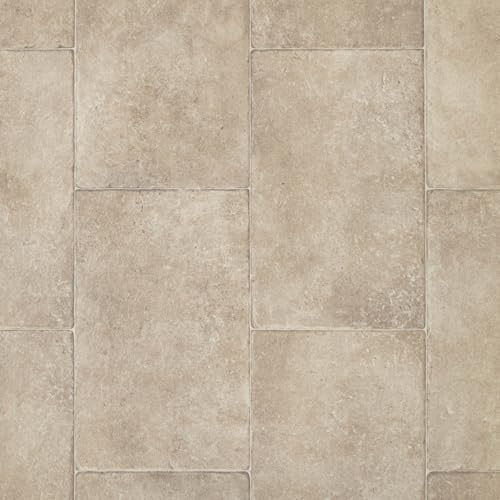 Image of Cream Aged Stone Tile Effect Eclipse Vinyl Flooring 2mm Thick Lino Roll Bathroom Kitchen (2m Wide x 2m Long)