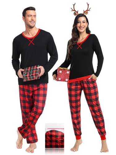 Men & Women Pajama Sets for Couples Long Sleeve Sleepwear Plaid Pants with Pockets Xmas Pjs Black & Red Plaid S