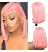 Pink Human Hair Bob Wigs 180% Density Glueless 8 Inch 13x1x4 Lace Front Brazilian Silky Straight ...