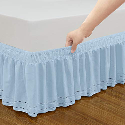 Qsy Home Wrap Around Elastic Eyelet Bed Skirts 14 1/2 Inches Drop Dust Ruffle Three Fabric Sides Easy On/Easy Off Adjustable Polyester Cotton(Light Blue Queen/King) #TOP3