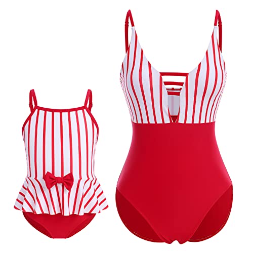 Mommy and Me Swimsuits, Mother and Daughter Swimwear, Family Matching Swimsuit, Girls Bikini and Women's Swimsuit Bathing Suit Bikini Set Red Strips 9-10 Years