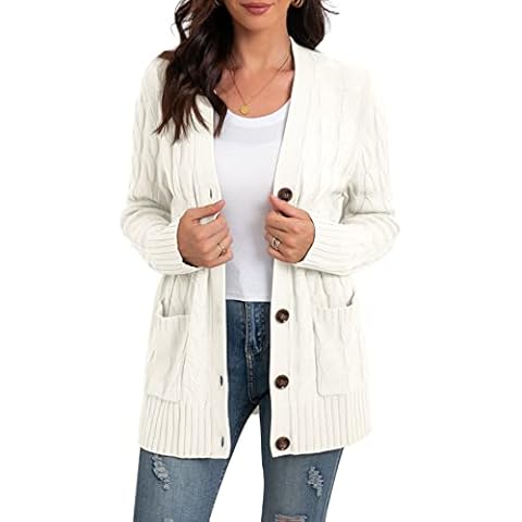 GRECERELLE Women's Knit Long Cardigans Jumpers Cardigan with Pockets with Buttons Ladies Loose Long Sleeve Knitwear Oversized Sweater Cardigan for Autumn Winter Spring (White, XXL) Cover