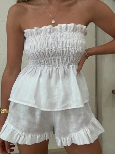 Women Summer 2 Piece Vacation Outfits Solid Color Sleeveless Backless Smocking Tube Top Ruffle Shorts Set Pjs2