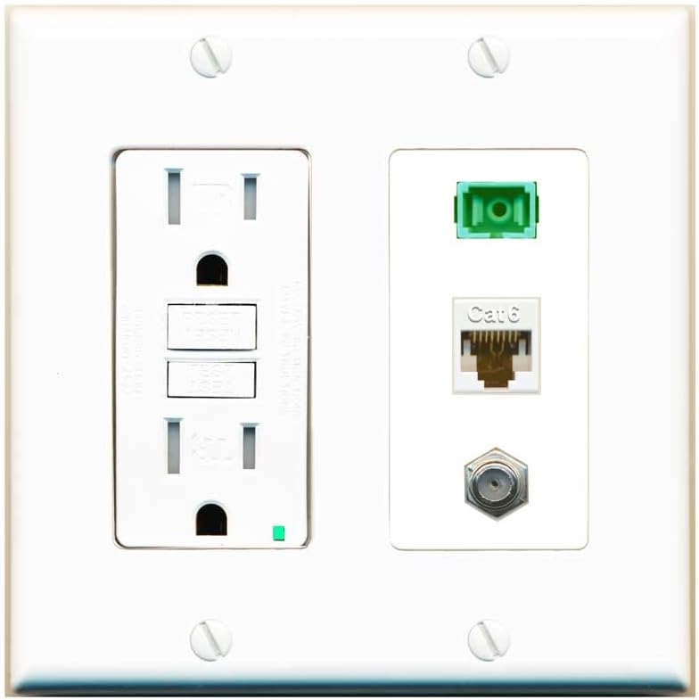 RiteAV 1 Port Fiber Optic Jack SC Simplex APC + Cat6 + Coax Wall Plate - GFCI Outlet [Black/White]