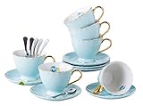 Jusalpha® Fine China Tea Cup and Saucer Coffee Cup Set with Saucer and Spoon Set of 6 (FD-TCS02 blue (6), 7oz)