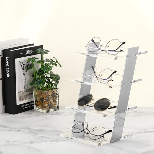 QUARKZMAN Brillenständer, Transparenter Acryl Sonnenbrillen Aufbewahrung Display Ständer, 4 Stufiger Brillenaufbewahrung Brillenständer, Brillenhalter für Optiker, Einkaufszentrum (Silber)