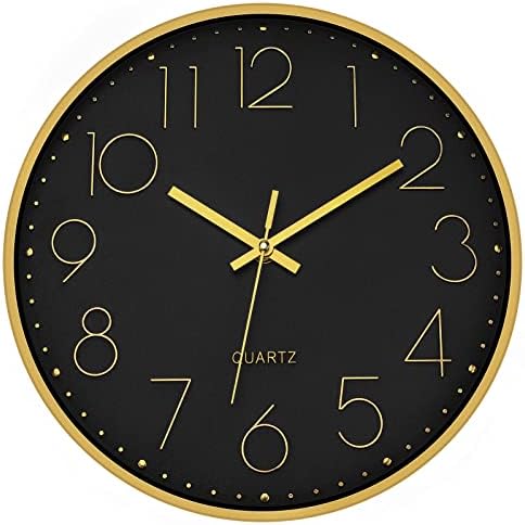 Foxtop Black Gold Wall Clock 12 Inch Silent Non-Ticking Battery Operated Round Quartz Modern Wall Clock for Living Room Kitchen Bedroom Home Office School Decor