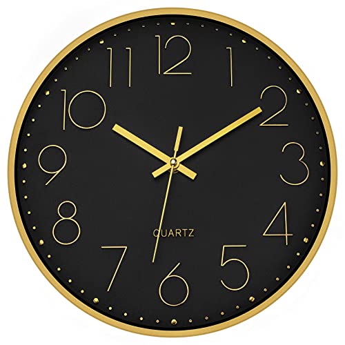 Image of Foxtop 12 inch Black Gold Wall Clock Silent Battery Operated Modern Metal Clock | Non-Ticking, Round, Analog Clock, Quartz, Easy to Read, Living Room, Bedroom, Kitchen, Office