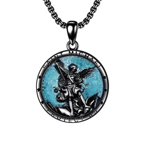 Seiyang Turquoise St Michael Necklace for Men 925 Sterling Silver Round Saint Archangel Michael Medal Medallion Protection Jewelry(Black)