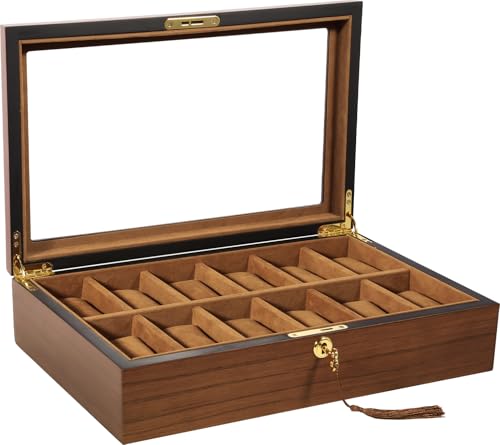 Uten Caja de Reloje, Gran Caja de Exhibición de Joyería de Reloj de 12 Ranuras con Tapa de Pantalla de Vidrio y Cerradura, Idea de Regalo Caja de Almacenamiento de Reloj como Regalo para Festival