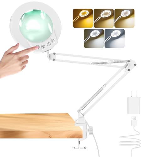 Mandland 10X Magnifying Glass with Light and Clamp, Real Glass Lighted Magnifier with 5 Color Modes & Stepless Dimmable, Hands Free Desk lamp for Hobbies, Crafts, Reading and Close Work (White)