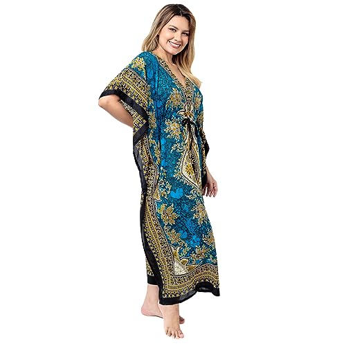 Vestido Kafta Indiano Longo Estampa Boho Plus Size (Azul)