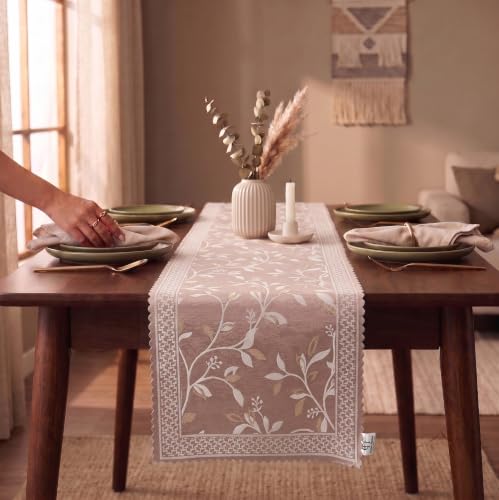 Image of Premium Embroidered Dining Table Runner 6 Seater | Washable Heat Resistant Fabric | Cotton-Silk Blend | Fits 4 & 8 Seater Dining Table | Centre Table Decor | 13 x 72 Inch | Rose Gold