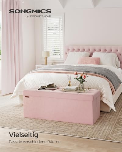 SONGMICS Sitzhocker mit Stauraum, klappbare Sitzbank, 38 x 110 x 38 cm Fußbank, Aufbewahrungsbox, bis 300 kg belastbar, für Wohnzimmer Schlafzimmer Flur, pastellrosa LSF277R01